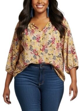 Tantrums XXL Floral Peasant Split Neck Chiffon Blouse Business Casual